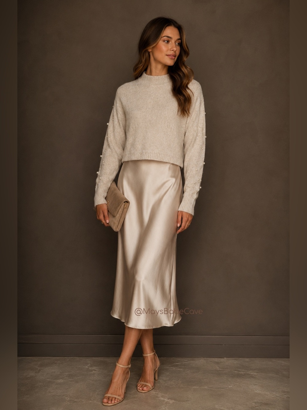 Cupcakes & Cashmere Pearl Sweater Satin Skirt Set Champagne Medium